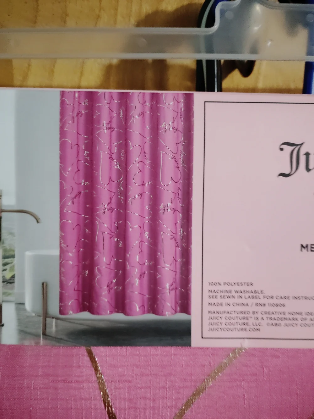 Juicy Couture Metallic Pink Shower Curtain with Hooks